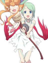 Rule 34 | 2girls, aka (s3637), blue eyes, breath of fire, breath of fire v, dress, facial mark, fairy, fairy (breath of fire), forehead mark, green hair, multiple girls, nina (breath of fire v), red wings, short hair, smile, staff, torn clothes, wings