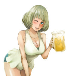 Rule 34 | 10s, 1girl, alcohol, bad id, bad pixiv id, bare shoulders, beer, beer mug, blue shorts, blush, breasts, brown hair, cleavage, collarbone, cowboy shot, cup, dress, green eyes, halterneck, head tilt, highres, holding, huge breasts, idolmaster, idolmaster cinderella girls, jewelry, leaning forward, looking at viewer, mole, mole under eye, mug, necklace, one eye closed, parted lips, shibusun, short hair, shorts, smile, solo, takagaki kaede, white background, white dress