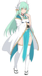 Rule 34 | 1girl, aqua hair, blush, breasts, closed mouth, dragon horns, fate/grand order, fate (series), full body, hair ornament, horns, japanese clothes, kimono, kiyohime (fate), long hair, long sleeves, looking at viewer, multiple horns, no panties, obi, pelvic curtain, sandals, sash, shiseki hirame, simple background, small breasts, smile, solo, thighhighs, white background, wide sleeves, yellow eyes
