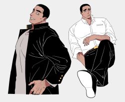 Rule 34 | 1boy, aged down, arm hair, balnom, bara, black hair, buzz cut, cigarette, collage, collared shirt, crossed legs, dark-skinned male, dark skin, full body, gakuran, grin, highres, large pectorals, looking at viewer, male focus, mature male, multiple views, muscular, muscular male, original, pectorals, school uniform, shirt, short hair, sideburns, sleeves rolled up, smile, thick eyebrows, very short hair, white background