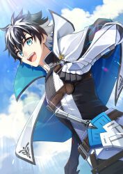 Rule 34 | 1boy, :d, belt, black hair, blue cape, blue eyes, brown belt, cape, charlemagne (fate), chest belt, cloud, fate/extella, fate/extella link, fate/extra, fate/grand order, fate (series), glint, highres, looking at viewer, male focus, multicolored hair, open mouth, outdoors, sky, smile, solo, spiked hair, ssk (yoiosushi), sword, teeth, two-sided cape, two-sided fabric, two-tone hair, upper body, upper teeth only, weapon, white cape, white hair