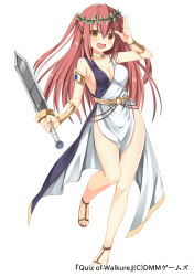 Rule 34 | 1girl, :d, armlet, bracer, breasts, brown eyes, brown hair, cleavage, dodome-iro mayonnaise, head wreath, long hair, official art, open mouth, original, quiz of walkure, sandals, smile, solo, sword, weapon