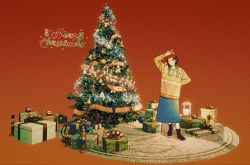 Rule 34 | 1girl, arm behind back, beige sweater, black footwear, blue skirt, blush, boots, braid, brown eyes, brown hair, carpet, chinese commentary, christmas, christmas lights, christmas ornaments, christmas present, christmas tree, closed mouth, commentary, gift, gradient background, hand up, hat, highres, long hair, long skirt, long sleeves, looking at viewer, maionese, nutcracker, one eye closed, original, red background, red hat, skirt, smile, solo, standing, twin braids, twintails, v, wide shot