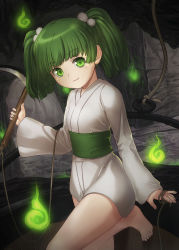 Rule 34 | 1girl, bare legs, barefoot, bucket, cave, green eyes, green hair, hair bobbles, hair ornament, highres, hitodama, holding, japanese clothes, kisume, long sleeves, looking at viewer, mikami yuuki (nl8you), sash, sickle, smile, solo, standing, standing on one leg, touhou, two side up