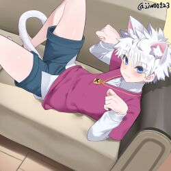 Rule 34 | 1boy, animal ear fluff, animal ears, artist name, barefoot, black shorts, blue eyes, blush, cat boy, cat ears, cat tail, commentary, couch, g1 (jjw00123), hands up, hunter x hunter, kemonomimi mode, killua zoldyck, legs, long sleeves, looking at viewer, lying, male focus, on back, on couch, paid reward available, paw pose, red vest, shirt, short hair, shorts, solo, spiked hair, tail, thighs, twitter username, vest, white hair, white shirt
