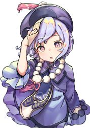 Rule 34 | 1girl, bead necklace, beads, dress, driftingtiger, genshin impact, hand on own head, hat, highres, jewelry, jiangshi, long hair, long sleeves, looking at viewer, necklace, open mouth, purple dress, purple eyes, purple hair, qingdai guanmao, qiqi (genshin impact), simple background, upper body, white background, wide sleeves