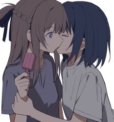 Rule 34 | 2girls, black ribbon, blue hair, bright pupils, brown hair, closed eyes, coldcat., commentary request, commission, earrings, food, grey shirt, hair ribbon, hand on another&#039;s wrist, highres, holding, holding food, holding popsicle, jewelry, kiss, licking, licking another&#039;s face, licking another&#039;s lips, long hair, medium hair, miyagi shiori, multiple girls, popsicle, purple shirt, ribbon, second-party source, sendai hazuki, shirt, short sleeves, shuuniichido classmate wo kau hanashi, simple background, stud earrings, sweat, tongue, upper body, white background, white pupils, yuri