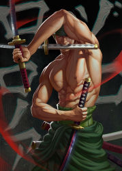 Rule 34 | 1boy, abs, armpits, bandana, bara, biceps, c home, chinese commentary, clothes down, commentary request, dark-skinned male, dark skin, feet out of frame, green hair, green kimono, highres, holding, holding sword, holding weapon, japanese clothes, katana, kimono, large pectorals, looking at viewer, male focus, mouth hold, muscular, muscular male, navel, nipples, one piece, open clothes, open kimono, pectorals, roronoa zoro, scar, scar on chest, short hair, solo, stitches, stomach, sword, topless male, triple wielding, veins, weapon