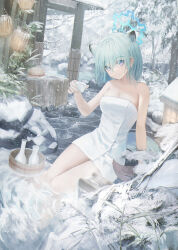 Rule 34 | 1girl, animal ears, blue archive, blue hair, blush, breasts, bucket, cleavage, cup, flippy (cripine111), halo, highres, holding, holding cup, looking at viewer, medium breasts, naked towel, onsen, refraction, shigure (blue archive), sitting, smile, snow, snowing, soaking feet, solo, steam, tokkuri, towel, weasel ears, wooden bucket