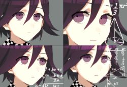 Rule 34 | 1boy, absurdres, blurry, checkered clothes, checkered scarf, closed mouth, commentary, danganronpa (series), danganronpa v3: killing harmony, dot nose, english commentary, eyes visible through hair, grey background, hair between eyes, highres, male focus, math, math lady (meme), meme, multiple views, oma kokichi, parted lips, purple eyes, purple hair, scarf, simple background, trigonometry, tsu (lovesick1964)