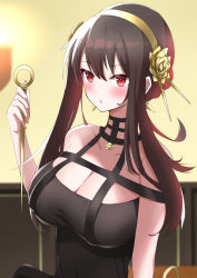 Rule 34 | 1girl, bare shoulders, black dress, blush, breasts, choker, dagger, dress, earrings, flower, fuyu (fnma5242), hair flower, hair ornament, hairband, highres, holding, holding weapon, jewelry, knife, large breasts, looking at viewer, open mouth, red eyes, rose, sidelocks, spy x family, upper body, weapon, yor briar
