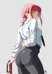 Rule 34 | ass, automatic giraffe, black pants, braid, braided ponytail, chainsaw man, grey background, highres, leash, looking back, makima (chainsaw man), pants, red hair, shirt, smile, white shirt, yellow eyes