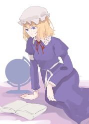 Rule 34 | 1girl, blonde hair, book, closed mouth, commentary, dress, frilled shirt collar, frills, globe, hat, highres, juliet sleeves, long sleeves, maribel hearn, mob cap, one-hour drawing challenge, puffy sleeves, purple dress, purple eyes, reading, solo, tohoyuukarin, touhou, white background, white hat