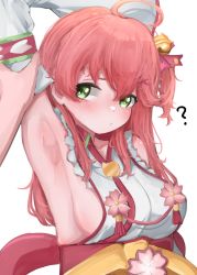 Rule 34 | 1girl, ?, ahoge, arm up, armpit focus, armpits, assisted exposure, bare shoulders, bell, blush, breasts, detached sleeves, green eyes, hair bell, hair ornament, highres, hololive, kagami moch, long hair, looking at another, pink hair, sakura miko, sakura miko (1st costume), sideboob, virtual youtuber, white background