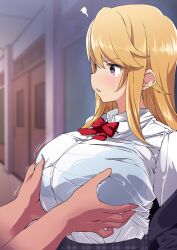 Rule 34 | 1boy, 1girl, aged up, alternate breast size, black eyes, blazer, blush, bra, bra visible through clothes, breasts, cleavage, clothes lift, collared shirt, commentary request, grabbing, grabbing another&#039;s breast, groping, hallway, highres, huge breasts, idolmaster, idolmaster cinderella girls, jacket, long hair, long sleeves, motion lines, open clothes, open jacket, orange hair, out of frame, red ribbon, ribbon, school uniform, see-through, see-through shirt, shift (waage), shirt, shirt lift, shirt tucked in, sidelocks, skirt, solo focus, standing, sweat, tented shirt, underwear, white shirt, yuuki haru