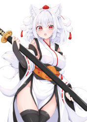 Rule 34 | 1girl, animal ears, black thighhighs, blush, breasts, cowboy shot, detached sleeves, hair between eyes, hands up, hat, holding, holding sheath, holding sword, holding weapon, inubashiri momiji, japanese clothes, katana, kimono, long sleeves, looking at viewer, medium breasts, open mouth, pom pom (clothes), red eyes, rururiaru, sheath, sheathed, short hair, simple background, solo, sword, tail, thighhighs, tokin hat, touhou, weapon, white background, white hair, wide sleeves, wolf ears, wolf girl, wolf tail