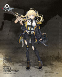Rule 34 | 1girl, ammunition pouch, artist request, bag, battle rifle, black footwear, black pants, blonde hair, blouse, blue eyes, blue jacket, boots, breasts, character name, closed mouth, copyright name, full body, girls&#039; frontline, gun, hair ribbon, highres, holding, holding knife, holding weapon, id card, jacket, knee pads, knife, larue tactical obr, looking at viewer, machete, medium breasts, medium hair, mod3 (girls&#039; frontline), obr (girls&#039; frontline), obr (mod3) (girls&#039; frontline), official art, open clothes, open jacket, pants, pouch, promotional art, ribbon, rifle, shirt, smile, sniper rifle, solo, standing, torn clothes, torn pants, twintails, weapon, white shirt