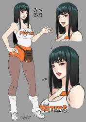 Rule 34 | 1girl, bare shoulders, black hair, black pantyhose, brand name imitation, breasts, butcha-u, character sheet, grey background, hand on own hip, highres, hooters, large breasts, long hair, looking at viewer, loose socks, medium breasts, mole, mole under eye, multiple views, pantyhose, parted lips, shorts, simple background, smile, socks, tank top, white socks