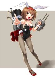 Rule 34 | 10s, 1girl, adapted costume, animal ears, breasts, brown hair, brown pantyhose, cannon, cleavage, detached collar, fake animal ears, full body, hair ornament, hairband, high heels, kantai collection, katahira masashi, leotard, looking at viewer, open mouth, outside border, pantyhose, playboy bunny, rabbit ears, rabbit tail, red hairband, shadow, shiratsuyu (kancolle), short hair, simple background, smile, smokestack, solo, tail, turret, wrist cuffs