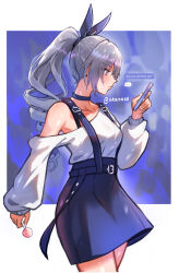 Rule 34 | 1girl, absurdres, artist name, belt, blue skirt, breasts, candy, casual, cellphone, choker, collarbone, drill hair, english text, food, hair ribbon, highres, holding, holding phone, honkai: star rail, honkai (series), jewelry, lollipop, long hair, long sleeves, looking at viewer, medium breasts, off-shoulder sweater, off shoulder, phone, ponytail, raion rennes, ribbon, silver wolf (honkai: star rail), skirt, smartphone, solo, standing, sweater, twin drills, white sweater