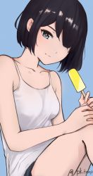 Rule 34 | 1girl, absurdres, artist name, bare legs, black hair, blue eyes, bob cut, camisole, food, hair over one eye, hand on own knee, highres, light smile, looking at viewer, original, pk trap, popsicle, short hair, shorts, simple background, sitting, solo