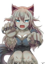 Rule 34 | animal ears, blue eyes, blush, breasts, claw pose, claws, cleavage, dated, gie (gienara), large breasts, long hair, lost saga, monster girl, open mouth, signature, simple background, solo, tail, werewolf, white background, white hair, wolf ears, wolf tail