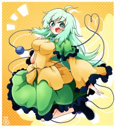 Rule 34 | 1girl, absurdres, adapted costume, ahoge, alternate hair length, alternate hairstyle, black footwear, blouse, breasts, capelet, commentary request, eyeball, frilled skirt, frilled sleeves, frills, full body, green capelet, green eyes, green hair, green skirt, heart, heart of string, highres, komeiji koishi, long hair, long sleeves, looking at viewer, medium breasts, no headwear, no headwear, open mouth, scavia10, shirt, skirt, solo, third eye, touhou, wide sleeves, yellow background, yellow shirt