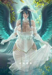Rule 34 | 1girl, albedo (overlord), bare shoulders, black feathers, black hair, black wings, breasts, cleavage, closed mouth, curvy, demon girl, demon horns, demon wings, detached collar, dress, feathered wings, feathers, gloves, hair between eyes, hip vent, horns, large breasts, leaf, looking at viewer, low wings, overlord (maruyama), partially submerged, pink lips, rain wzq, see-through, slit pupils, standing, thick thighs, thighs, water, white dress, white gloves, wings, yellow eyes