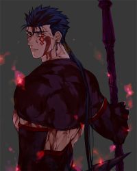 Rule 34 | 1boy, automney, back, beads, black gloves, blood, blood on clothes, blood on face, blue hair, closed mouth, cu chulainn (fate), cu chulainn (fate) (all), cu chulainn (fate/stay night), cu chulainn alter (fate), cu chulainn alter (fate/grand order), dark blue hair, dark persona, earrings, elbow gloves, facepaint, fate/grand order, fate (series), from behind, gae bolg (fate), gloves, hair beads, hair ornament, holding, holding polearm, holding weapon, jewelry, lancer, long hair, looking back, male focus, polearm, ponytail, red eyes, simple background, solo, spiked hair, weapon