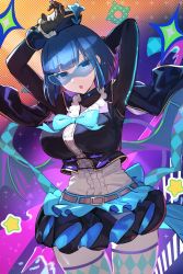 Rule 34 | 1girl, belt, blue eyes, blue hair, bow, bowtie, breasts, duel monster, evil twin lil-la, glasses, gloves, hat, highres, hsin, large breasts, lil-la (yu-gi-oh!), looking at viewer, short hair, skirt, solo, thighhighs, yu-gi-oh!