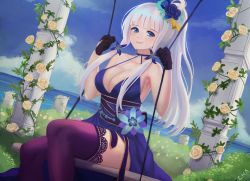Rule 34 | 1girl, artist name, azur lane, bare shoulders, black gloves, blue eyes, blue flower, breasts, c.h.a, cleavage, clip studio paint (medium), criss-cross halter, dress, feet out of frame, flower, gloves, grass, hair flower, hair ornament, half gloves, halter dress, halterneck, highres, illustrious (azur lane), illustrious (never-ending tea party) (azur lane), lace, lace-trimmed legwear, lace trim, large breasts, long hair, looking at viewer, official alternate costume, outdoors, purple dress, purple thighhighs, sitting, sleeveless, sleeveless dress, smile, solo, swing, thighhighs, tri tails, water, white hair, yellow flower