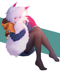Rule 34 | 1girl, animal ear fluff, animal ears, black pantyhose, blue shorts, blunt bangs, blush, commentary, covered mouth, full body, highres, hood, hood down, hugging own tail, hugging tail, knees up, long sleeves, looking at viewer, multicolored nails, nail polish, one eye closed, original, pantyhose, red eyes, shimmer, short hair, shorts, silver hair, sitting, sleeves past wrists, symbol-only commentary, tail, two-tone background