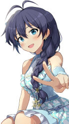 Rule 34 | 1girl, absurdres, antenna hair, bare shoulders, black hair, blue dress, blue eyes, braid, braided ponytail, commentary request, dress, earrings, fang, flower, ganaha hibiki, hair flower, hair ornament, hair over shoulder, highres, idolmaster, idolmaster (classic), jewelry, long hair, looking at viewer, open mouth, shuucream (syuichi), simple background, sitting, sleeveless, sleeveless dress, smile, solo, upper body, v, white background