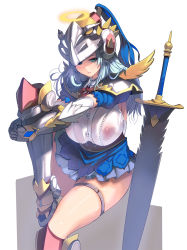 Rule 34 | 1girl, angel, angel wings, aqua eyes, aqua hair, armor, breasts, commentary request, covered erect nipples, curvy, greaves, halo, helmet, highres, knight, kouno (masao), large breasts, long hair, original, pauldrons, plump, revision, see-through, shoulder armor, skirt, solo, sword, weapon, white background, wings