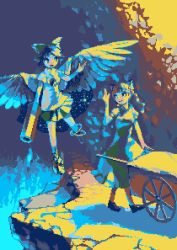 Rule 34 | 2girls, arm cannon, bow, cart, eye contact, female focus, fire, flying, hair bow, kaenbyou rin, looking at another, lowres, multiple girls, otnweo, pixel art, reiuji utsuho, touhou, weapon, wings