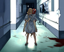 Rule 34 | 2girls, absurdres, bandaged head, bandages, barefoot, blonde hair, blood, blood on clothes, bloody bandages, blurry, broken window, carrying, carrying person, closed mouth, covered face, depth of field, hallway, highres, hospital, hospital gown, indoors, long hair, looking at viewer, multiple girls, ningiyau, original, piggyback, pool of blood, sandals, standing, very long hair, yellow eyes