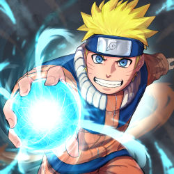 Rule 34 | 1boy, absurdres, attack, blonde hair, blue eyes, blurry, blurry background, commentary request, cowboy shot, energy, energy ball, facial mark, fantasy, forehead protector, glowing, highres, holding, incoming attack, jumpsuit, konohagakure symbol, looking at viewer, male focus, naruto, naruto (series), ninja, orange jumpsuit, outstretched arms, short hair, smile, solo, spiked hair, take978733141, teeth, uzumaki naruto, whisker markings