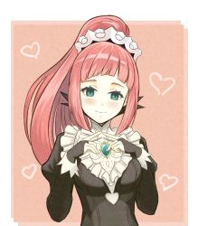 Rule 34 | 1girl, absurdres, blue eyes, blunt bangs, blush, bridal gauntlets, closed mouth, commission, dakkalot, felicia (fire emblem), fire emblem, fire emblem fates, gem, heart, highres, juliet sleeves, long hair, long sleeves, maid, maid headdress, nintendo, pink hair, ponytail, puffy sleeves, simple background, smile, solo, upper body
