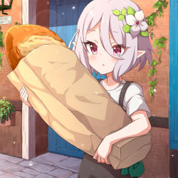 Rule 34 | 1girl, ame., black dress, blush, bread, brick wall, commentary request, day, door, dress, flower, food, hair between eyes, hair flower, hair ornament, highres, holding, holding food, kokkoro (princess connect!), outdoors, parted lips, pointy ears, princess connect!, red eyes, shirt, short hair, short sleeves, silver hair, sleeveless, sleeveless dress, solo, sweat, wall lamp, white flower, white shirt