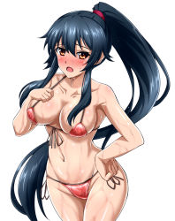 Rule 34 | 1girl, bikini, black hair, blue background, blush, breasts, cleavage, collarbone, commentary request, cowboy shot, front-tie top, gradient background, hand on own hip, highres, kantai collection, large breasts, long hair, navel, open mouth, ponytail, red bikini, red eyes, scrunchie, side-tie bikini bottom, sidelocks, simple background, solo, swimsuit, white background, yahagi (kancolle), zanntetu
