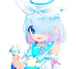 Rule 34 | 1girl, absurdres, alternate costume, arona (blue archive), blue archive, blue hair, hair ribbon, halo, highres, microphone, mischievous straight uniform (blue archive), pink hair, ribbon, simple background, sinsa104, solo, upper body, white background