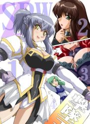 Rule 34 | 00s, 4girls, :d, ^^^, arm up, banpresto, between breasts, blue eyes, blush, breasts, brown hair, choujuushin gravion, choujuushin gravion zwei, cleavage, cleavage cutout, close-up, clothing cutout, crop top, crossover, dress, dutch angle, elchi cargo, faye xin lu, flat chest, flower, gem, gloves, green eyes, green hair, grey hair, hair between eyes, hair ornament, hair over one eye, hairclip, hand on own chin, hand on own hip, head out of frame, hip focus, large breasts, long hair, military, military uniform, multiple girls, no pupils, open mouth, outstretched arm, pleated skirt, ponytail, red hair, rose, sentou mecha xabungle, setsuko ohara, short dress, short hair, sidelocks, skirt, smile, standing, stroking own chin, super robot wars, super robot wars z, super robot wars z1, surprised, sweatdrop, thighhighs, thighs, translation request, turtleneck, uniform, vest, waving, wavy hair, xabungle, xine espio, yellow eyes