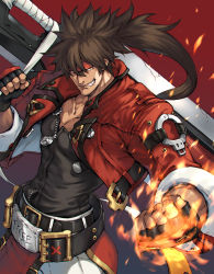 Rule 34 | 1boy, belt, black belt, black gloves, brown hair, clenched teeth, cropped jacket, fingerless gloves, fire, gloves, guilty gear, guilty gear strive, headband, highres, holding, holding weapon, huge weapon, jacket, junkyard dog mk iii, long hair, makimura shunsuke, muscular, muscular male, open clothes, open jacket, pants, red background, red headband, red jacket, sleeves rolled up, sol badguy, teeth, weapon, white pants, zipper pull tab