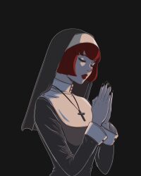 Rule 34 | 1girl, black dress, black nails, bob cut, breasts, capelet, closed eyes, coif, cross, dress, habit, hairband, high collar, highres, jewelry, latin cross, long dress, long sleeves, megadeus mommy, nun, pale skin, pendant, r dorothy wayneright, red hair, red lips, short hair, small breasts, the big o, traditional nun, veil, white capelet