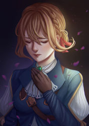 Rule 34 | 10s, 1girl, blonde hair, blue jacket, braid, brooch, brown gloves, closed eyes, closed mouth, commentary, english commentary, falling petals, gloves, hair between eyes, hair intakes, hair ribbon, hand on own chest, highres, jacket, jewelry, md5 mismatch, petals, red ribbon, resolution mismatch, ribbon, shiro-hane, solo, source larger, violet evergarden, violet evergarden (series), white neckwear