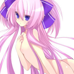 Rule 34 | 1girl, ass, blue eyes, breasts, hand on own chest, long hair, looking at viewer, nipples, nude, pink hair, saibashi, sengoku hime, simple background, small breasts, solo, tokugawa ieyasu (sengoku hime), two side up, white background