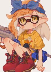 Rule 34 | 1girl, blue bow, blue hairband, bow, bow hairband, closed mouth, commentary request, cross-laced footwear, e-liter 4k (splatoon), eyebrows hidden by hair, full body, gun, hair bow, hairband, highres, holding, holding gun, holding weapon, inkling, inkling girl, inkling player character, medium hair, nintendo, ochocho2828, orange hair, pointy ears, print shirt, red footwear, shirt, shoes, simple background, sitting, solo, splatoon (series), splatoon 3, tentacle hair, thick eyebrows, weapon, white background, yellow eyes, yellow shirt