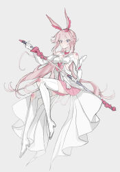 Rule 34 | 1girl, animal ears, boots, breasts, closed mouth, dress, fox ears, full body, gloves, grey background, highres, holding, holding sword, holding weapon, honkai (series), honkai impact 3rd, katana, long hair, looking at viewer, medium breasts, pink hair, purple eyes, sheath, simple background, solo, sword, thigh boots, unsheathing, weapon, wedding dress, white dress, white footwear, white gloves, yae sakura, yae sakura (flame sakitama), zhen wuzei