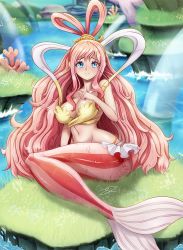 Rule 34 | 1girl, blue eyes, blush, breasts, cleavage, large breasts, long hair, looking at viewer, mermaid, monster girl, navel, one piece, pink hair, ponytail, shirahoshi, sitting, solo