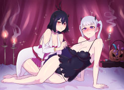Rule 34 | 2girls, ahoge, black clover, black hair, breasts, cleavage, dildo, grey hair, highres, hito clover, horns, large breasts, looking at viewer, multiple girls, nipples, no bra, noelle silva, panties, purple eyes, red eyes, secre swallowtail, sex toy, shiny skin, short hair, size difference, small breasts, smile, thick thighs, thighs, thong, twintails, underwear